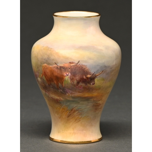 354 - A Royal Worcester vase, 1931,&nbsp; painted by H Stinton, signed, with Highland cattle, 10cm h, puce... 