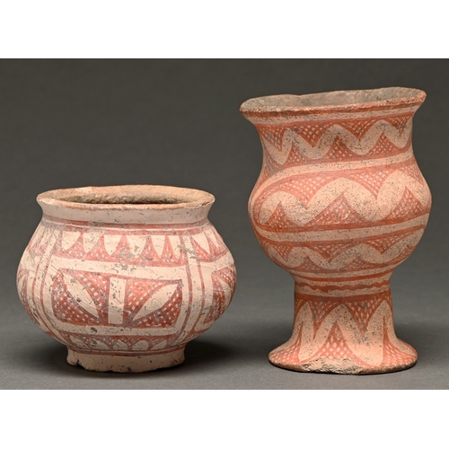 423 - Thailand, Ban Chiang pottery, c1000-300 BC, a stem bowl, red painted on buff, with flared rim, 15cm ... 
