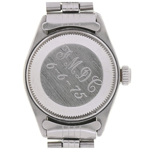 57 - A Rolex stainless steel lady's wristwatch, Oyster Perpetual Date, with blue dial, 25mm diam, on make... 