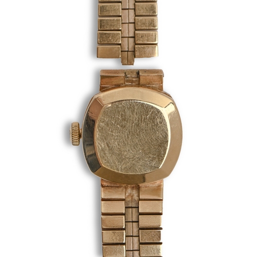 252 - An Omega 9ct gold cushion shaped self winding lady’s wristwatch, 11 x 11cm, on maker’s 9ct gold tape... 