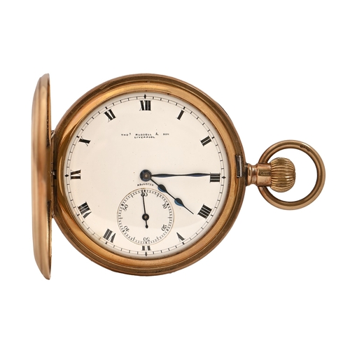 261 - A 9ct gold half hunting cased keyless lever watch, Thomas Russell & Son, Liverpool, with enamel ... 