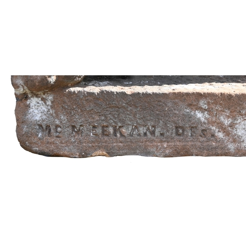 873 - A Victorian over life-sized sandstone sculpture of a lion, on rectangular base, 83cm h, 141cm l, sig... 