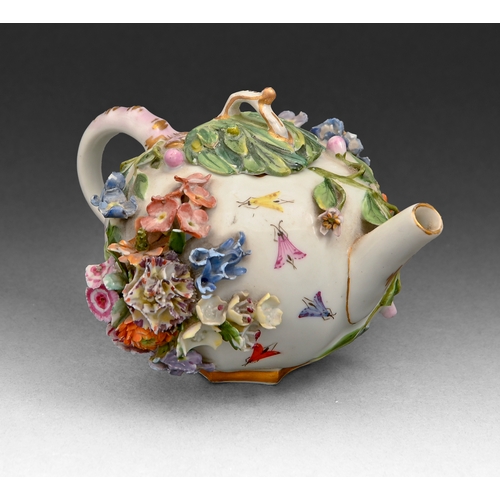 544 - A Meissen floral-encrusted miniature teapot and cover, c1900, 77mm h, incised numbers, underglaze bl... 