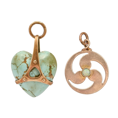 163 - Murrle, Bennett & Co. A gold and heart-shaped turquoise pendant and a jade and opal pierced pend... 