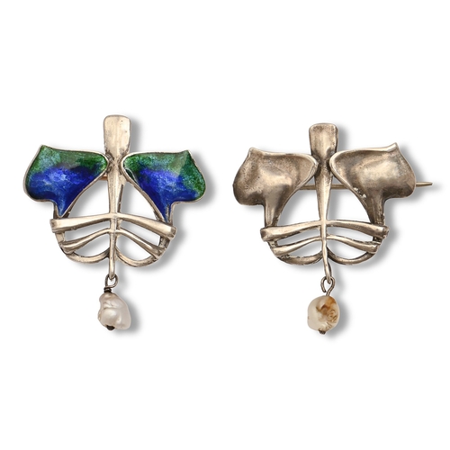 164 - Two Arts and Crafts silver or silver and enamel and pearl brooches attributed to W H Haseler Ltd, fo... 