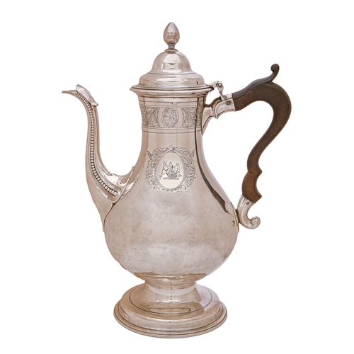 325 - Cork silver. An Irish provincial coffee pot, with beaded spout and engraved border of paterae altern... 