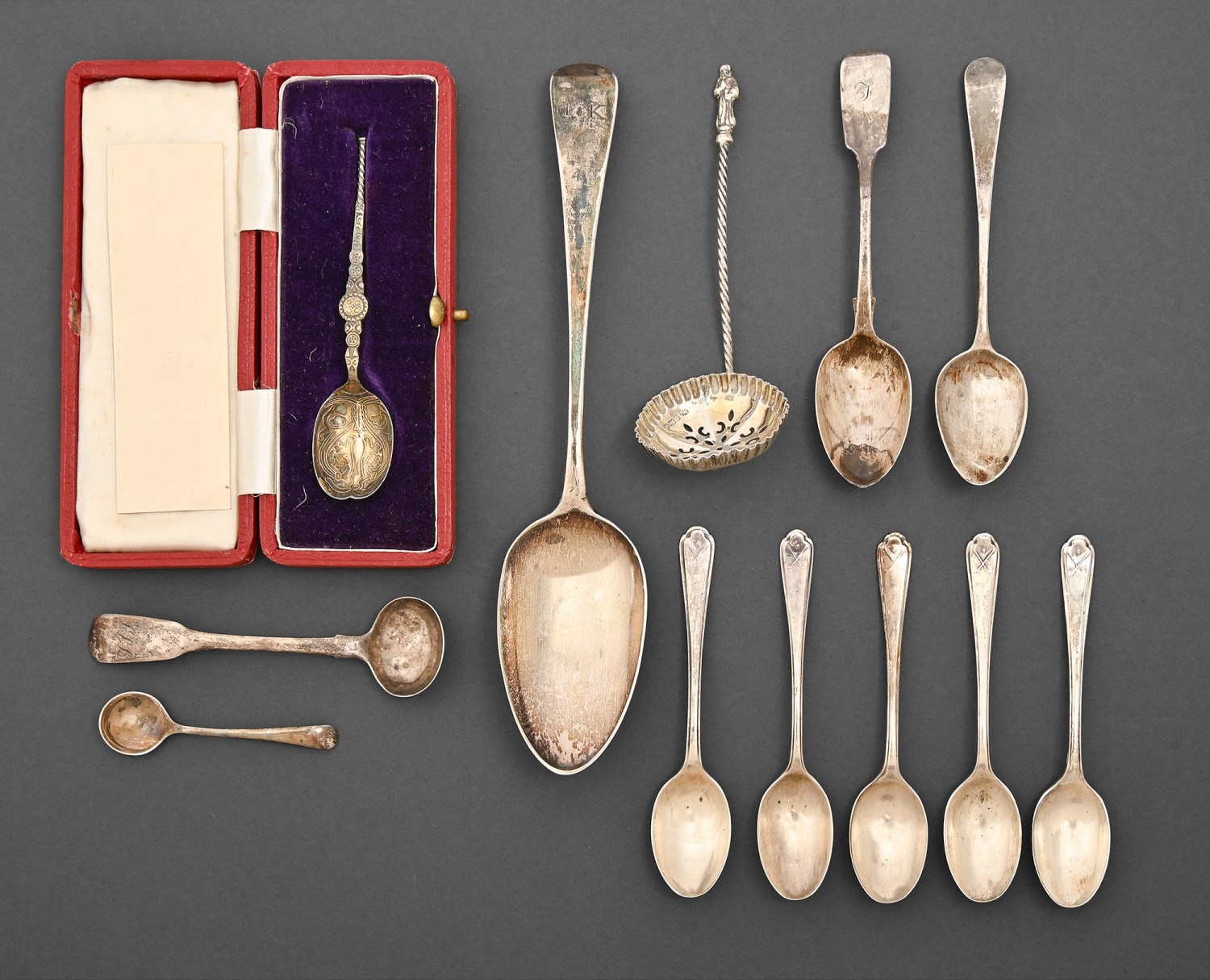 A George III silver table spoon and miscellaneous other silver flatware ...