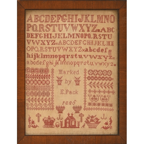 606 - A Bristol Orphanage type sampler,  1886, worked by E Pack, in red cross stitch with five different a... 