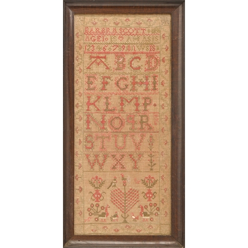 607 - A linen sampler, Barbara Scott, aged 10, early 19th c, 43 x 19cm, in later oak frame... 