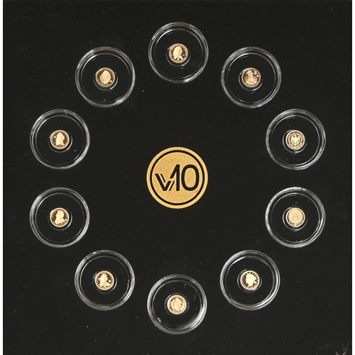 66 - Fine Gold coins. Solomon Islands, proof set of ten Ten Dollars 2017, cased, 5g