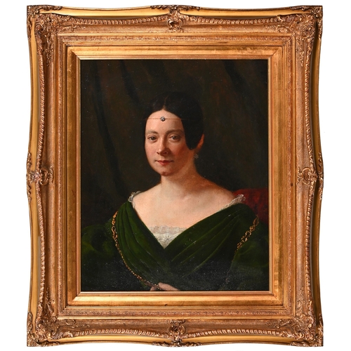 719 - Continental School, c 1830 - Portrait of a Lady, bust-length, wearing a jewelled&nbsp;ferronni&egrav... 