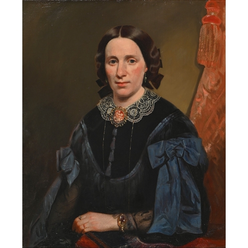 720 - English School, c 1860 - Portrait of a Lady, half-length, seated, wearing lace-trimmed black silk an... 