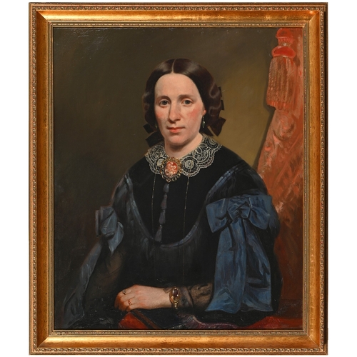 720 - English School, c 1860 - Portrait of a Lady, half-length, seated, wearing lace-trimmed black silk an... 