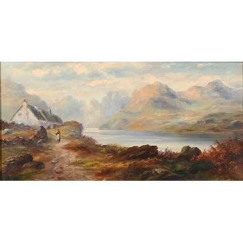 679 - A. Turner, 19th century - Crofters' Cottages by a Highland Loch, signed, oil on canvas, 30.5 x 61cm... 