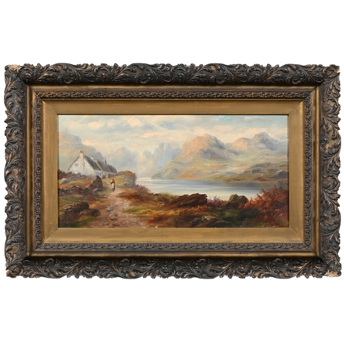 679 - A. Turner, 19th century - Crofters' Cottages by a Highland Loch, signed, oil on canvas, 30.5 x 61cm... 