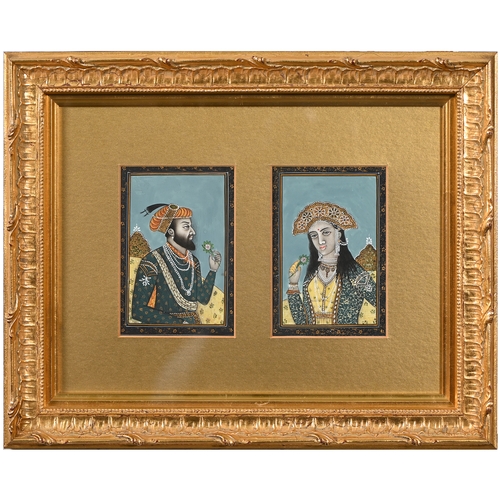 689 - Indian School, 20th century - Figures of the Mughal Court, a pair, gouache and gilt, 11 x 7.5cm, fra... 