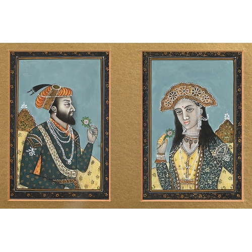 689 - Indian School, 20th century - Figures of the Mughal Court, a pair, gouache and gilt, 11 x 7.5cm, fra... 