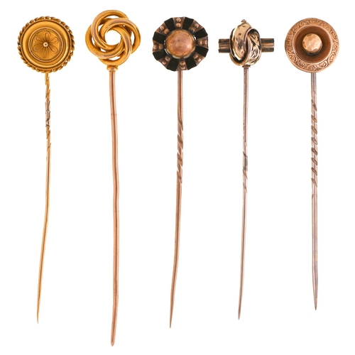 1 - Five Victorian gold stickpins, with knot or other terminal, various sizes, 10.5g