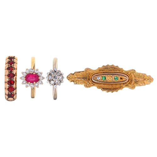 105 - A diamond ring, in 18ct white gold and two gold rings and a brooch, variously gem set, 2.6g (18ct), ... 