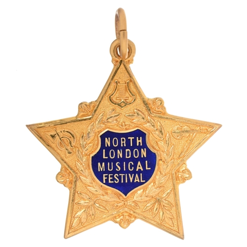 107 - North London Musical Festival. A 9ct gold and enamel star, 36 x 36mm, named to Elthorne Hall 1921, b... 