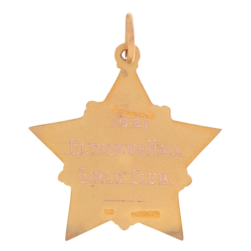 107 - North London Musical Festival. A 9ct gold and enamel star, 36 x 36mm, named to Elthorne Hall 1921, b... 
