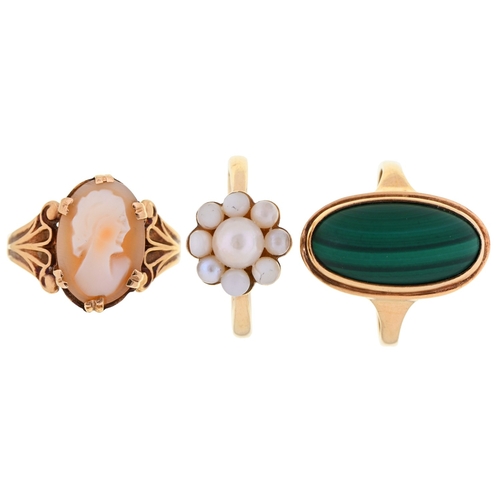 115 - Three gold rings, variously gem set, 10.2g, size K, L, O