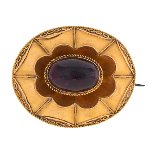 117 - A Victorian foiled amethyst and gold brooch, locket back, 33mm w, 9.3g