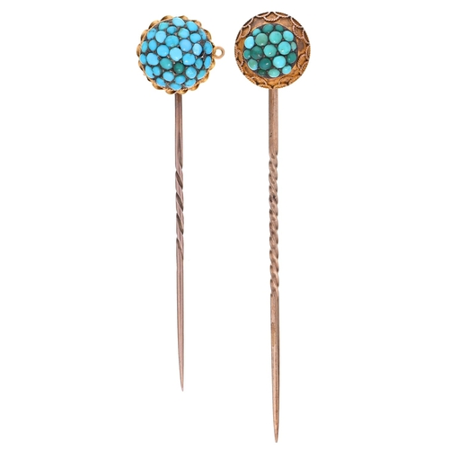 12 - Two Victorian gold and turquoise stickpins, the pin of one gold, head 13mm diam, 7.4g... 