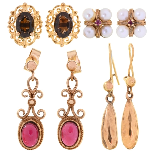 120 - A pair of cultured pearl and gold ear studs and three pairs of gold earrings, various sizes, 9g... 