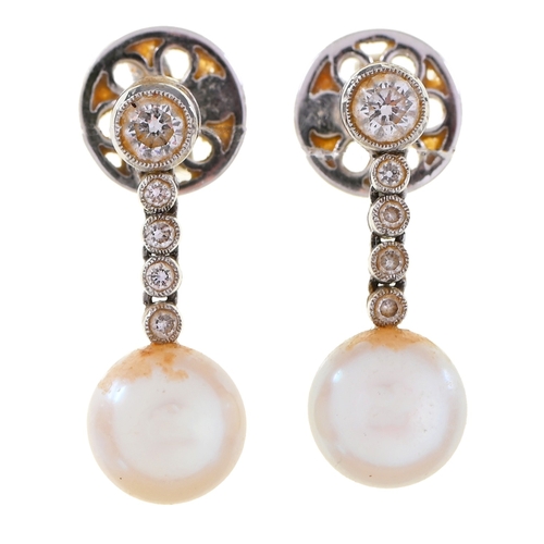 24 - A pair of diamond and cultured pearl earrings, in 18ct white gold and fully articulated, 20mm h, mak... 