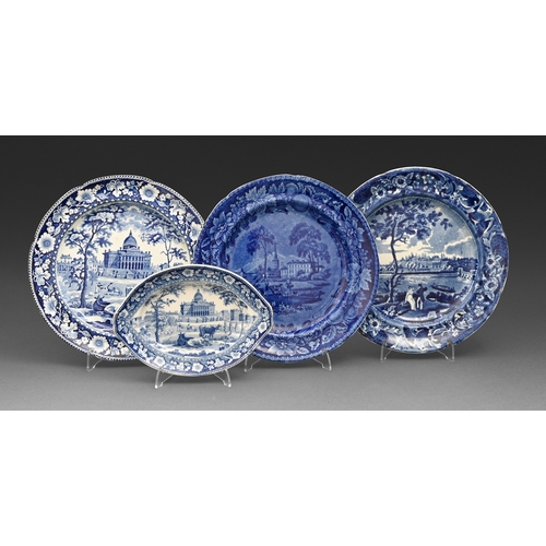 251 - American Interest. Three blue printed earthenware plates and a dish, c1820, comprising John Rogers &... 