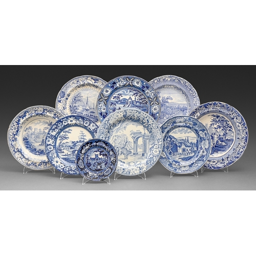 256 - Nine blue printed earthenware plates, c1820-1835, the patterns to include Bologna, Falls of Killarne... 