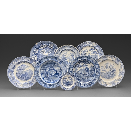 258 - Eight blue printed earthenware plates, c1815-1835, to include Chinese Landscapes, Aesop's Fables The... 