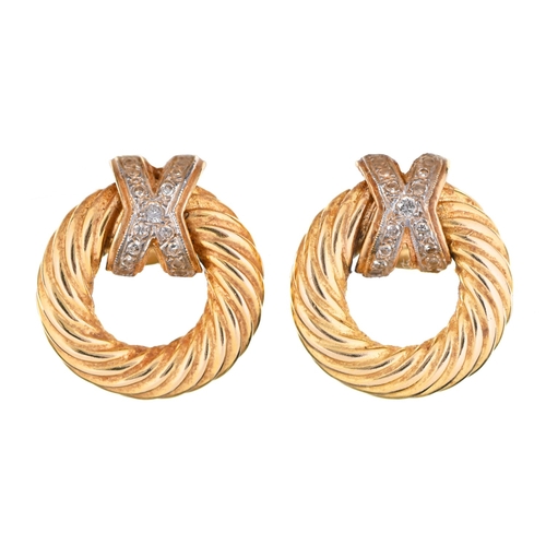 26 - A pair of diamond and gold earrings, 24mm h, marked 14K, 12.9g