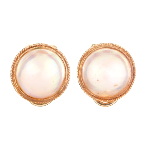 28 - A pair of cultured pearl earrings, in gold, 15mm diam, marked 14K 585, 7g