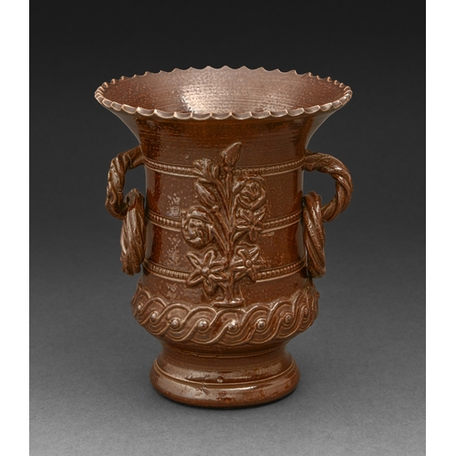 285 - An East Midlands brown saltglazed stoneware vase, probably Nottingham, c 1835,&nbsp;sprigged flowers... 