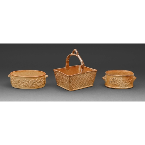 287 - A Brampton brown saltglazed stoneware basket, Derbyshire, c1840,&nbsp;in relief with basketwork, bra... 
