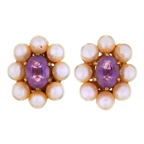 29 - A pair of amethyst and cultured pearl earrings, in 9ct gold, oval 15mm, maker A J, Birmingham 1986, ... 