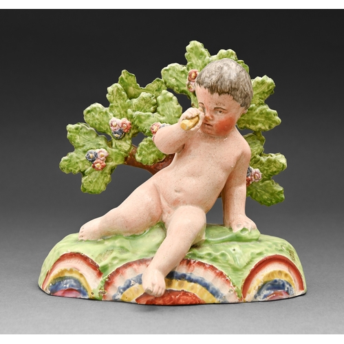 292 - A Staffordshire pearlware figure of a putto, c1815, looking through a telescope, before bocage, pain... 