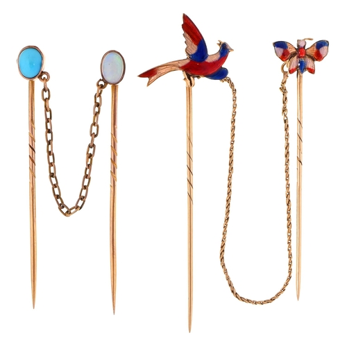 3 - Two Victorian gold and enamel or gold and turquoise and opal pin suites, the chains of gold, bird he... 
