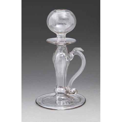 306 - A glass open flame oil lamp, late 18th c, on folded foot, 19.5cm h