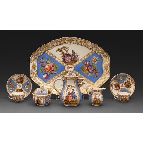 309 - A Meissen cabaret service, early 20th c, outside decorated, painted with alternating panels of lover... 