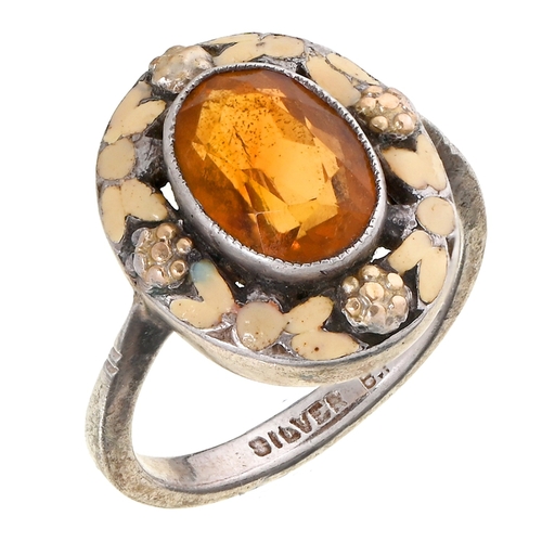 37 - A citrine, silver and yellow enamel ring&nbsp;maker&rsquo;s mark and SILVER, 3.8g, size J... 