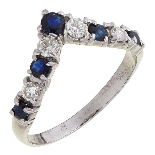 45 - A sapphire and diamond dart ring, in 18ct white gold, marks rubbed, 1980, 3g, size P... 