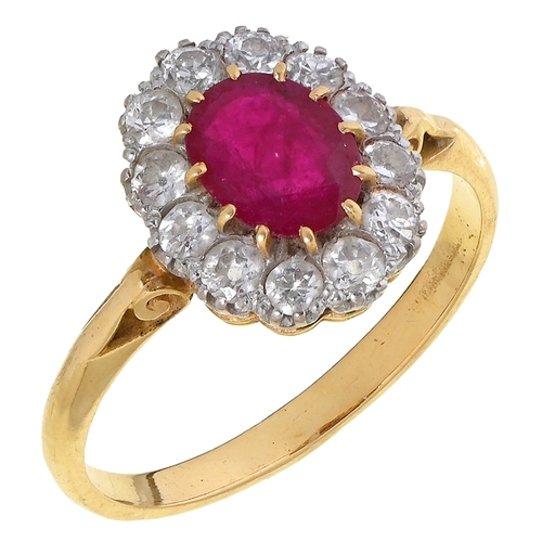 48 - A ruby and diamond ring, gold hoop, head 13mm, 3.9g, size P