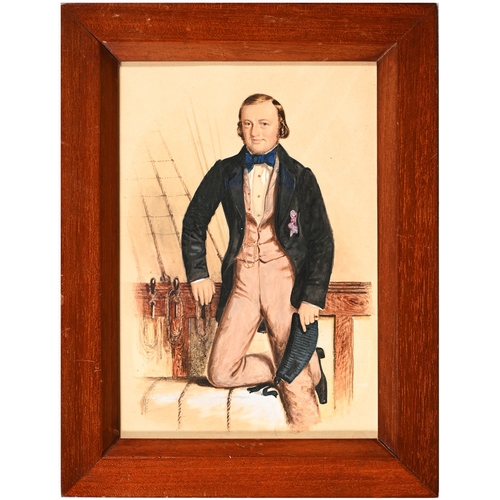 599 - English School - Portrait of James Bradshaw, three quarter length, on board ship, watercolour and gu... 