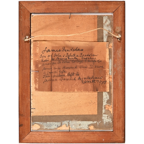 599 - English School - Portrait of James Bradshaw, three quarter length, on board ship, watercolour and gu... 