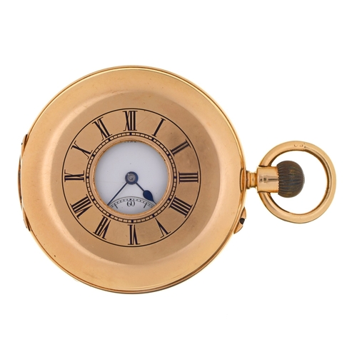 64 - An 18ct gold half hunting cased keyless lever watch, John Perry, Nottingham, No 30328, with three-qu... 