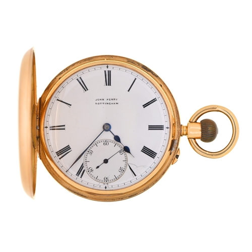 64 - An 18ct gold half hunting cased keyless lever watch, John Perry, Nottingham, No 30328, with three-qu... 