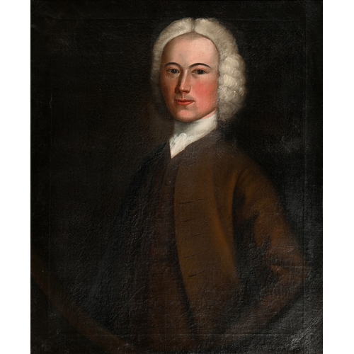 646 - English School, 18th century - Portrait of a Gentleman, half length in a brown coat and white stock,... 
